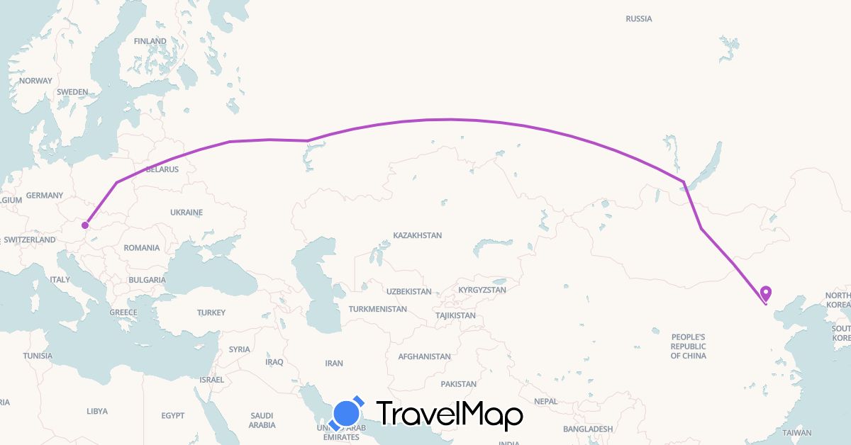 TravelMap itinerary: driving, train in Austria, China, Mongolia, Poland, Russia (Asia, Europe)